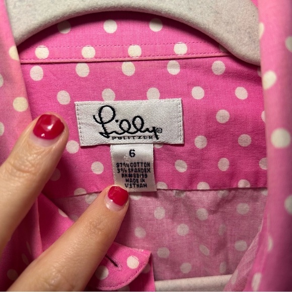 Lilly Pulitzer Pink & White Polka Dot Button Up Long Sleeve Blouse Size 6 - Picture 6 of 9